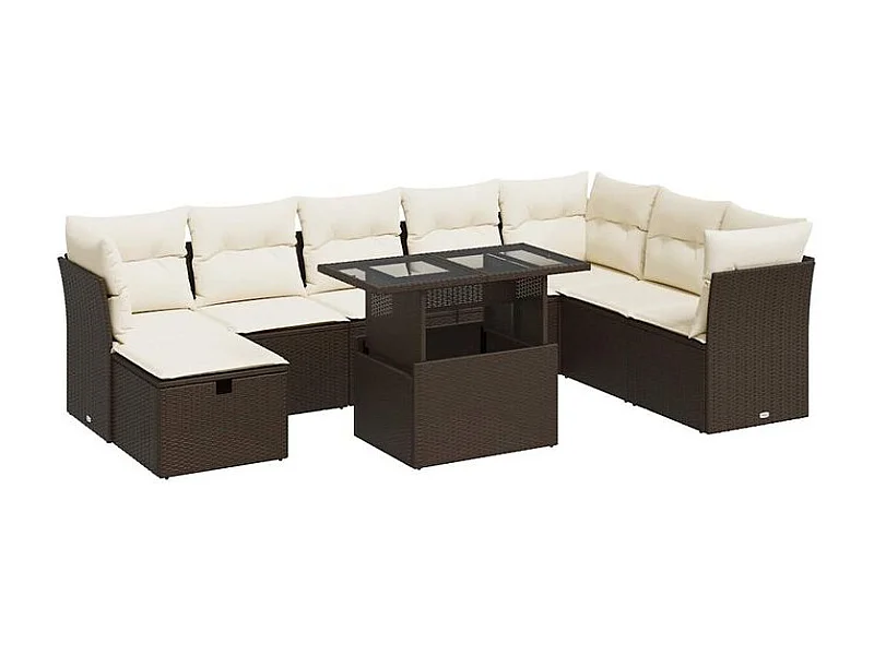 Salon de jardin avec coussins 9 pcs marron résine tressée