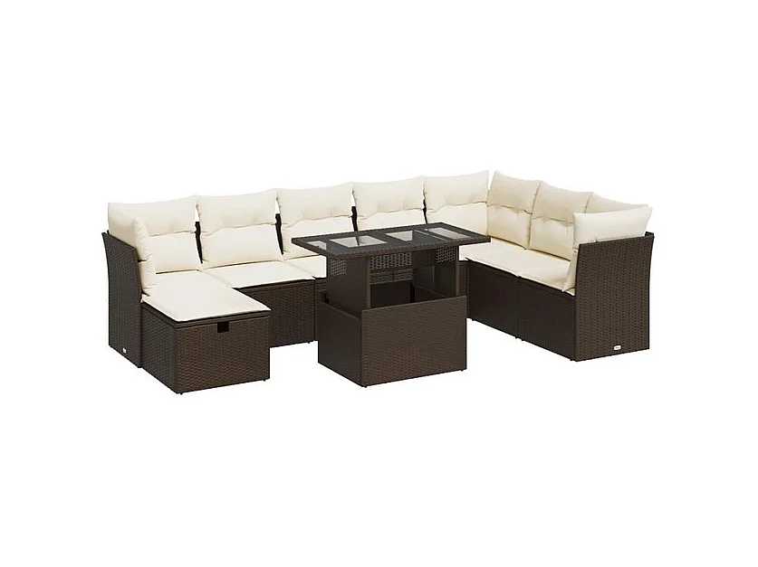 Salon de jardin avec coussins 9 pcs marron résine tressée