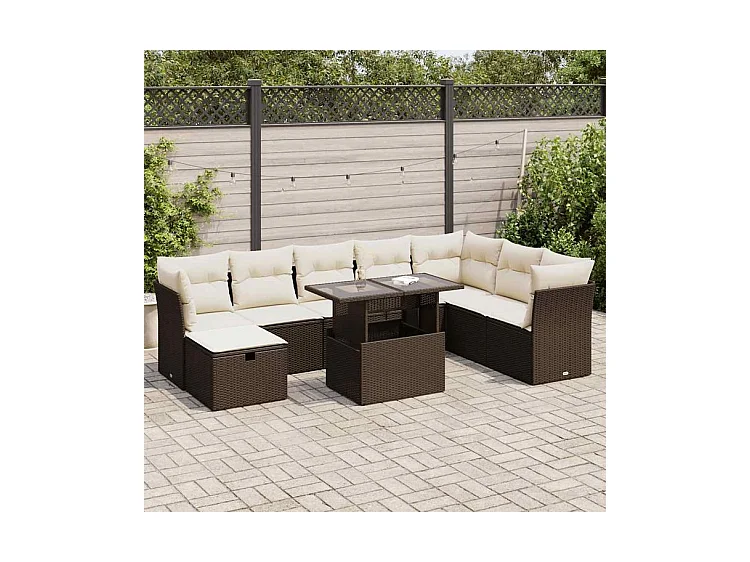 Salon de jardin avec coussins 9 pcs marron résine tressée