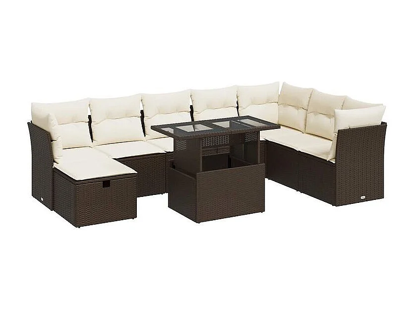 Salon de jardin avec coussins 9 pcs marron résine tressée