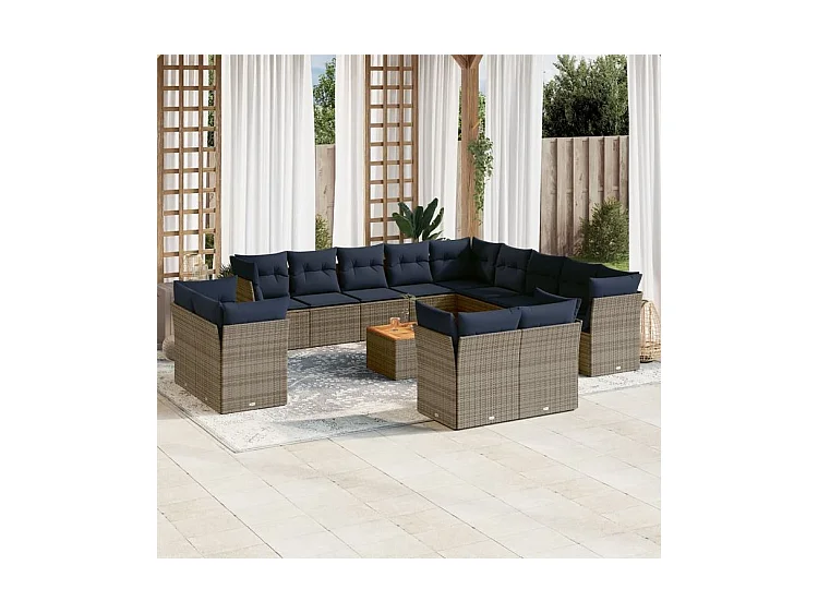Salon de jardin avec coussins 14 pcs gris résine tressée