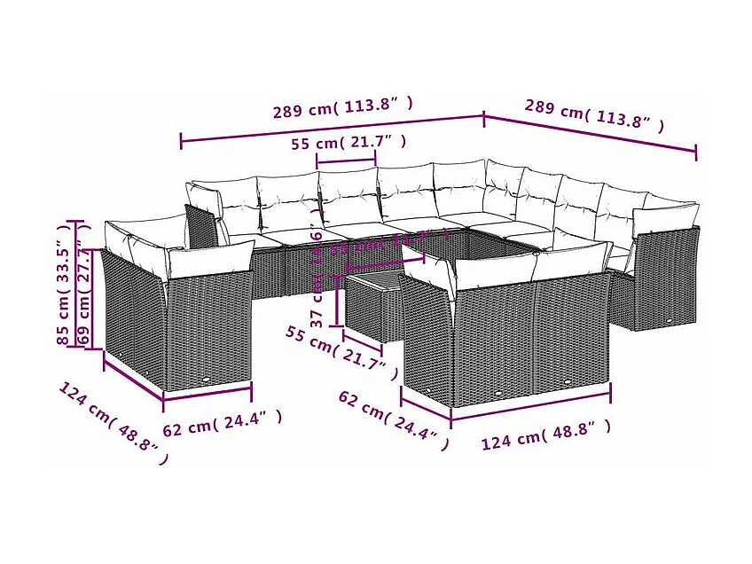 Salon de jardin avec coussins 14 pcs gris résine tressée