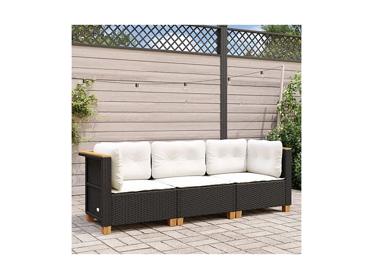Canapé de jardin avec coussins 3 places noir résine tressée