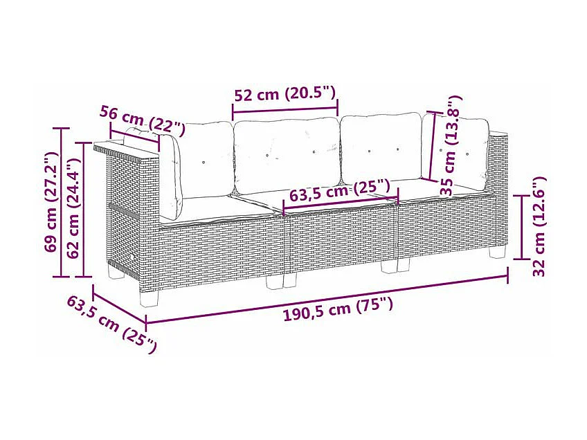Canapé de jardin avec coussins 3 places noir résine tressée