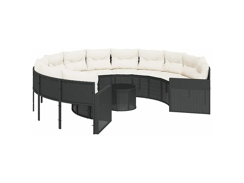 Canapé de jardin avec table coussins rond noir résine tressée