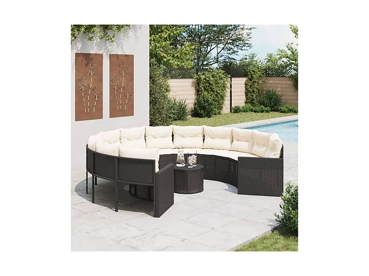 Canapé de jardin avec table coussins rond noir résine tressée