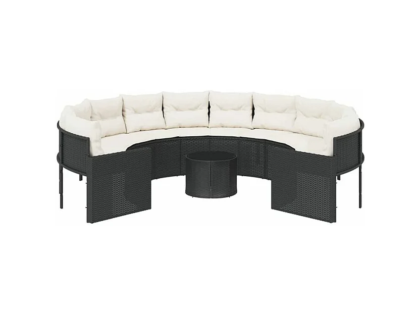 Canapé de jardin avec table coussins rond noir résine tressée