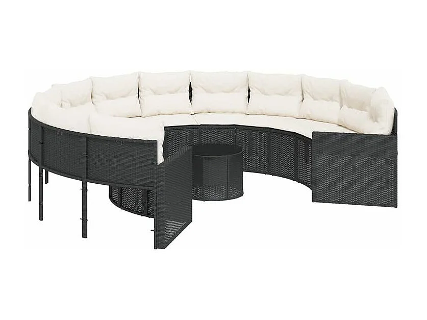 Canapé de jardin avec table coussins rond noir résine tressée