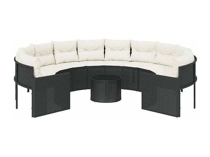 Canapé de jardin avec table coussins rond noir résine tressée