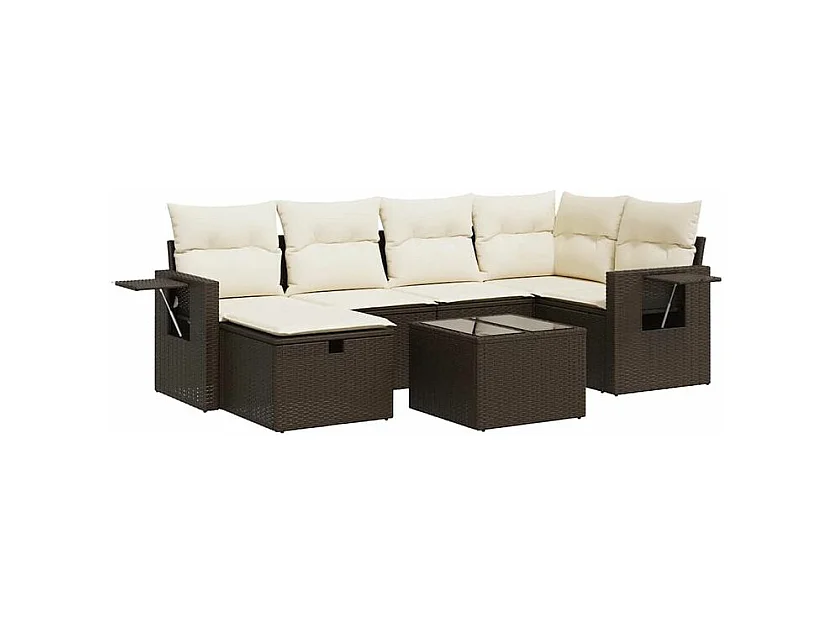 Salon de jardin avec coussins 7 pcs marron résine tressée