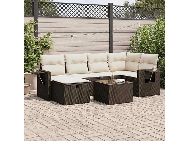 Salon de jardin avec coussins 7 pcs marron résine tressée