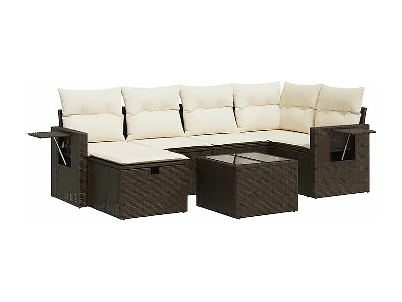 Salon de jardin avec coussins 7 pcs marron résine tressée
