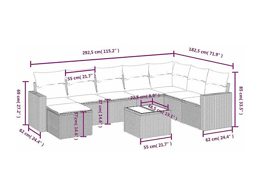 Salon de jardin avec coussins 9 pcs marron résine tressée