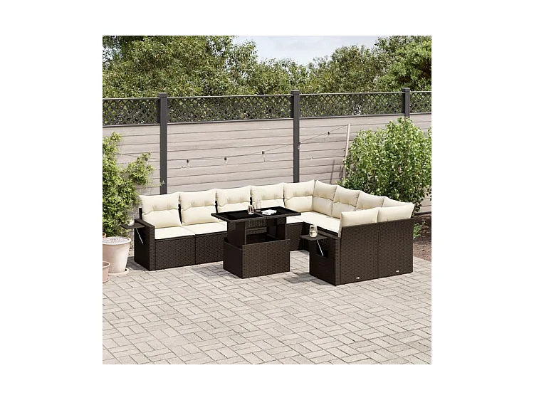 Salon de jardin 10 pcs avec coussins marron résine tressée