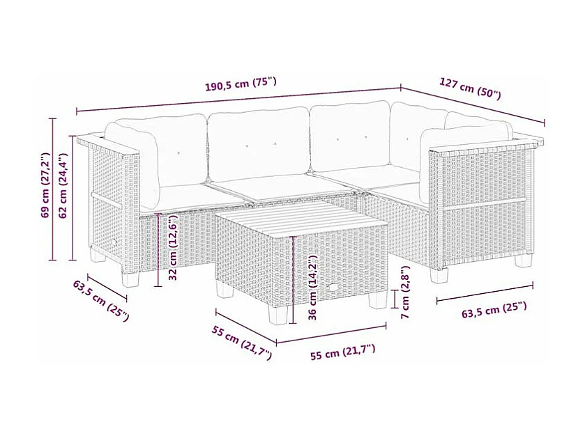 Salon de jardin avec coussins 5 pcs beige résine tressée