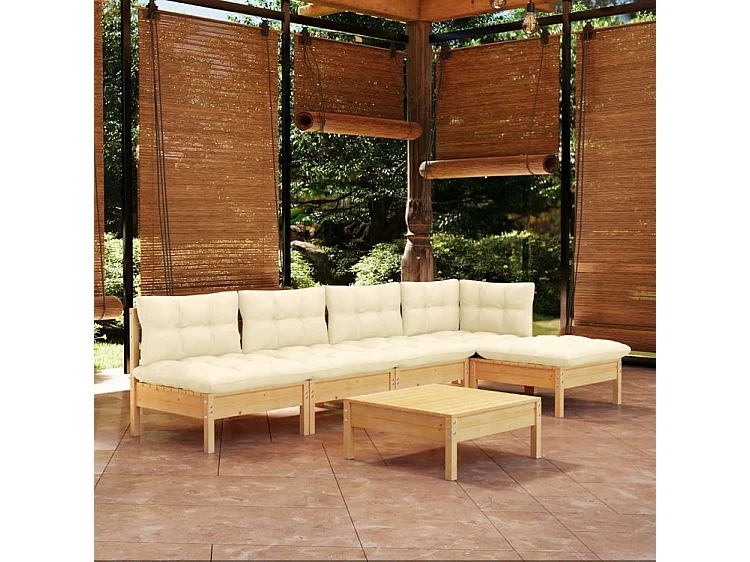 Salon de jardin 6 pcs avec coussins crème bois de pin