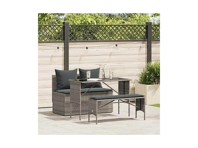 Ensemble à manger de jardin 3 pcs coussins gris résine tressée