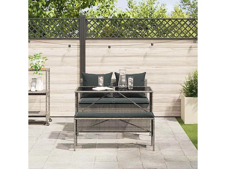 Ensemble à manger de jardin 3 pcs coussins gris résine tressée