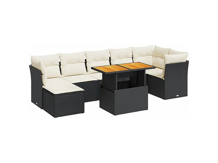 Salon de jardin 8 pcs avec coussins noir résine tressée