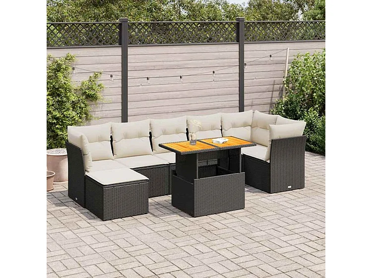 Salon de jardin 8 pcs avec coussins noir résine tressée