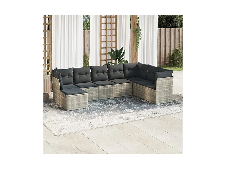 Salon de jardin 8 pcs avec coussins gris clair résine tressée