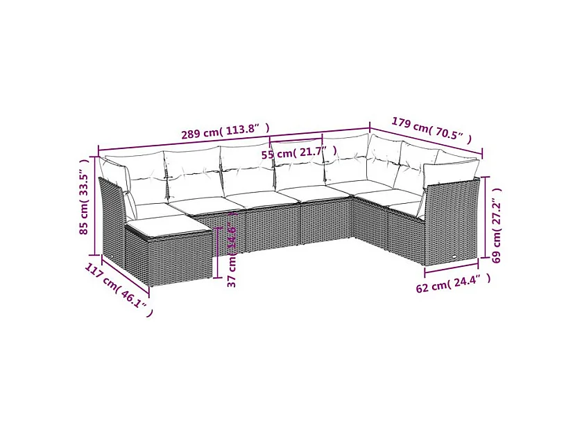 Salon de jardin 8 pcs avec coussins gris clair résine tressée