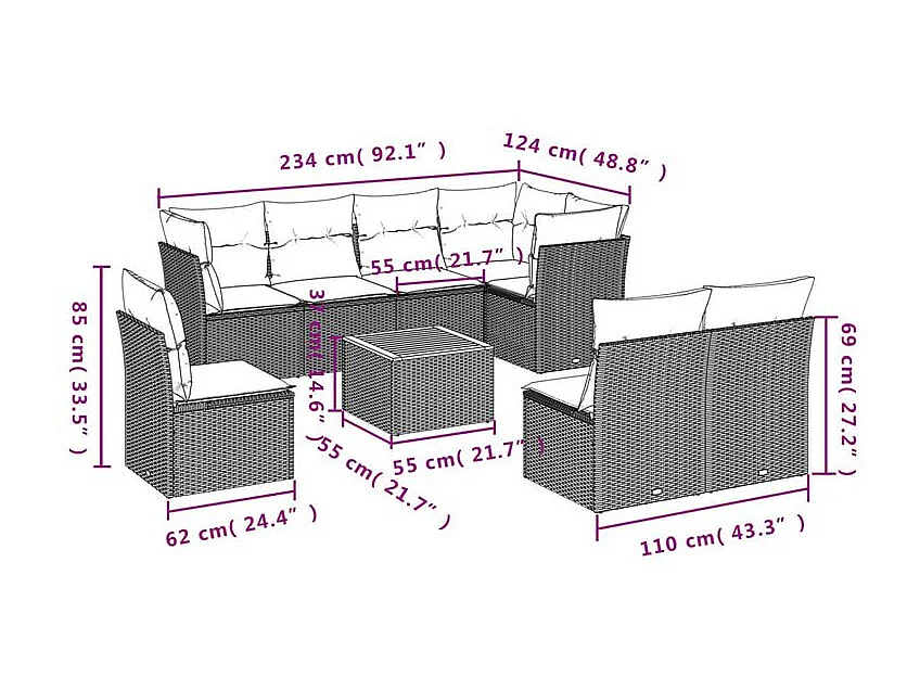 Salon de jardin 9 pcs avec coussins gris résine tressée