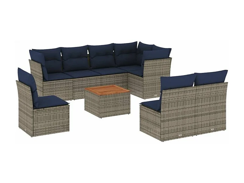 Salon de jardin 9 pcs avec coussins gris résine tressée