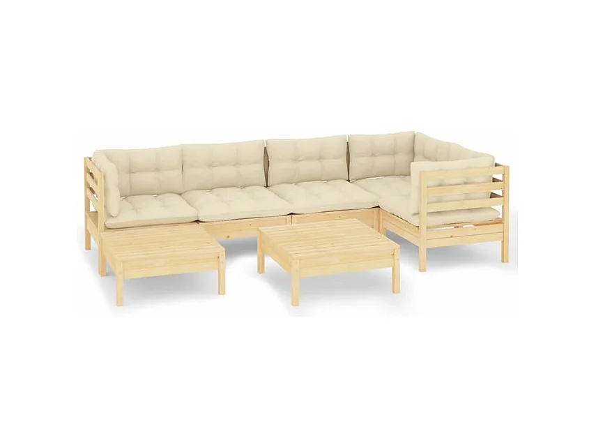 Salon de jardin 7 pcs avec coussins crème Bois de pin massif