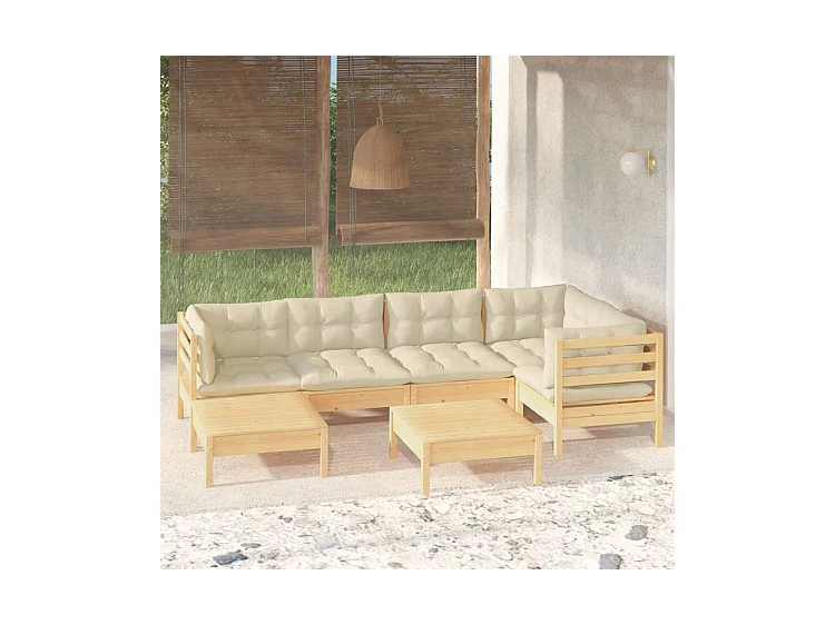 Salon de jardin 7 pcs avec coussins crème Bois de pin massif
