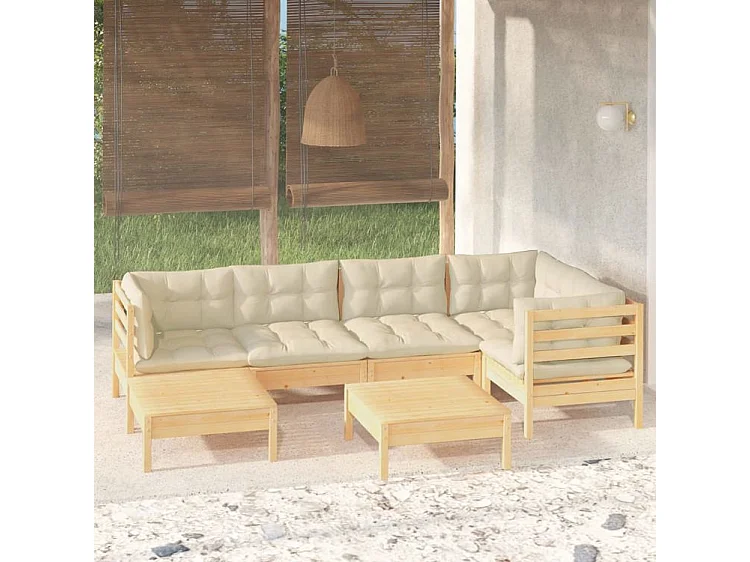 Salon de jardin 7 pcs avec coussins crème Bois de pin massif