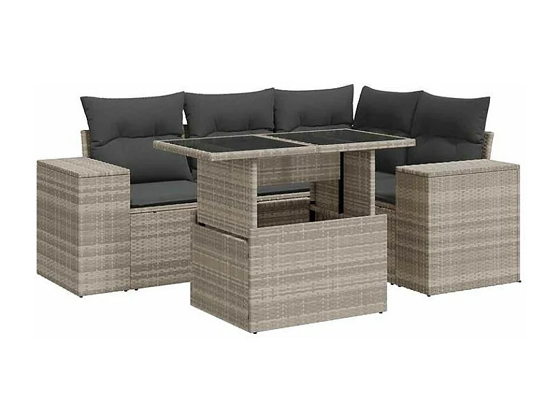 Salon de jardin 5 pcs avec coussins gris clair résine tressée