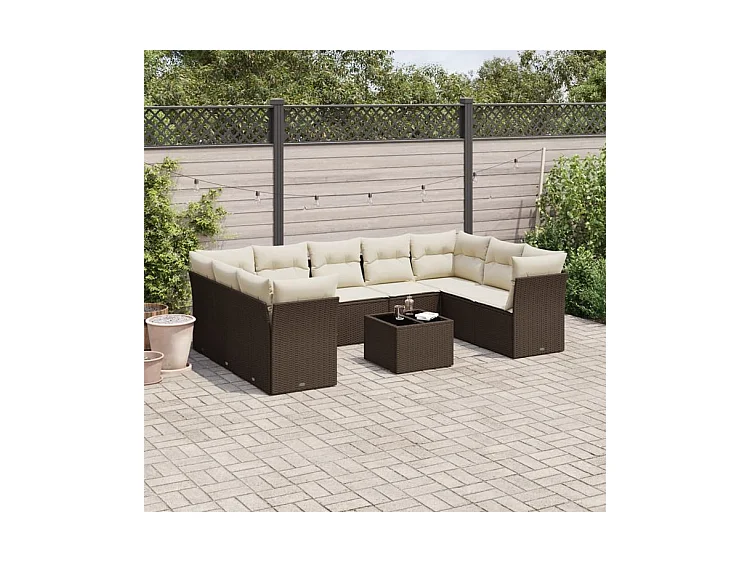 Salon de jardin 10 pcs avec coussins marron résine tressée