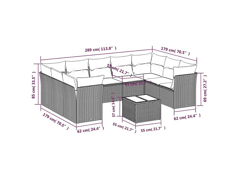 Salon de jardin 10 pcs avec coussins marron résine tressée