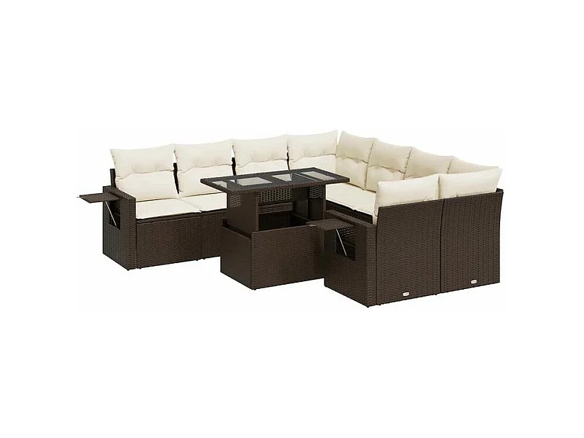 Salon de jardin avec coussins 9 pcs marron résine tressée