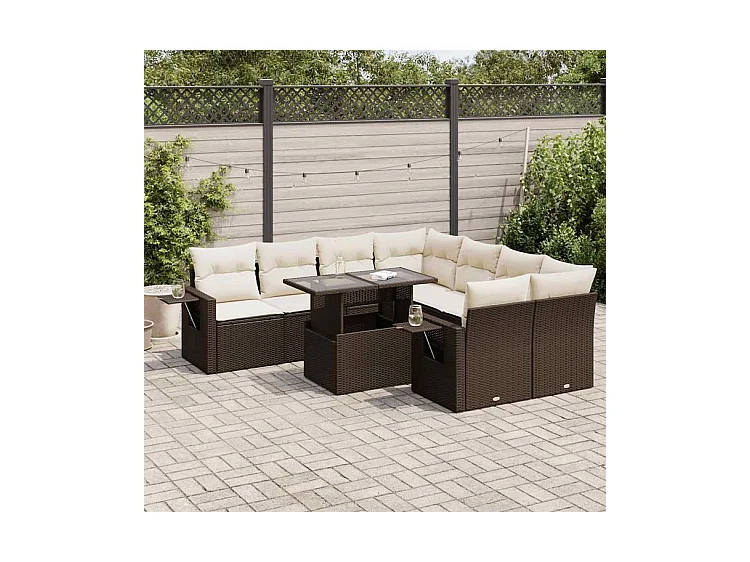 Salon de jardin avec coussins 9 pcs marron résine tressée
