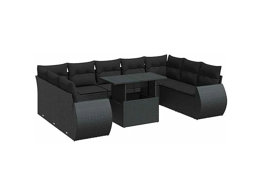 Salon de jardin 10 pcs avec coussins noir résine tressée