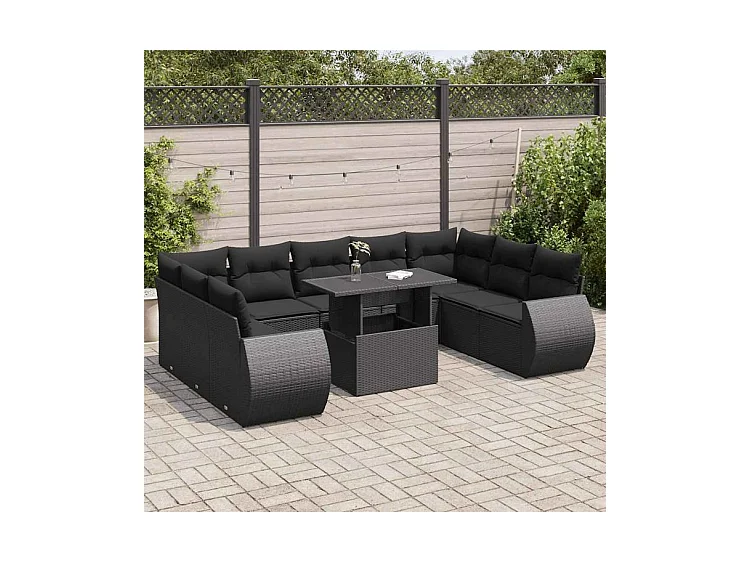 Salon de jardin 10 pcs avec coussins noir résine tressée