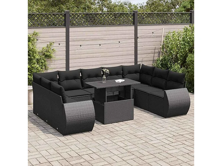 Salon de jardin 10 pcs avec coussins noir résine tressée
