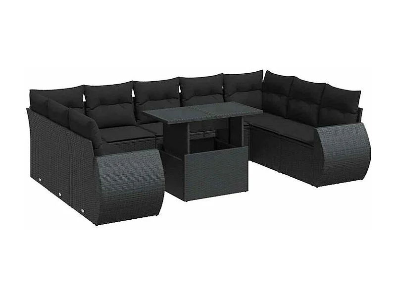 Salon de jardin 10 pcs avec coussins noir résine tressée
