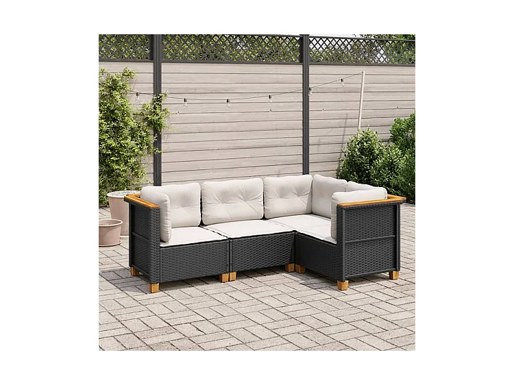 Salon de jardin 4 pcs avec coussins noir résine tressée