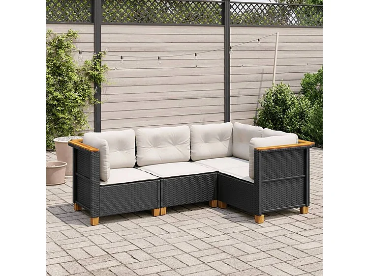 Salon de jardin 4 pcs avec coussins noir résine tressée