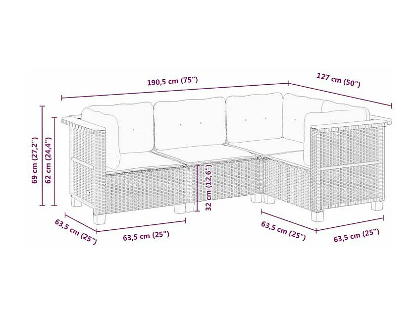 Salon de jardin 4 pcs avec coussins noir résine tressée