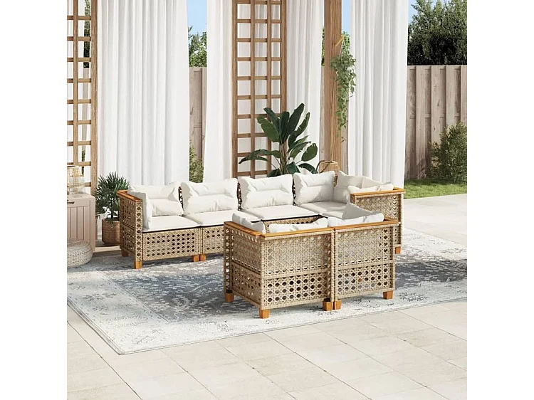 Salon de jardin avec coussins 7 pcs beige résine tressée