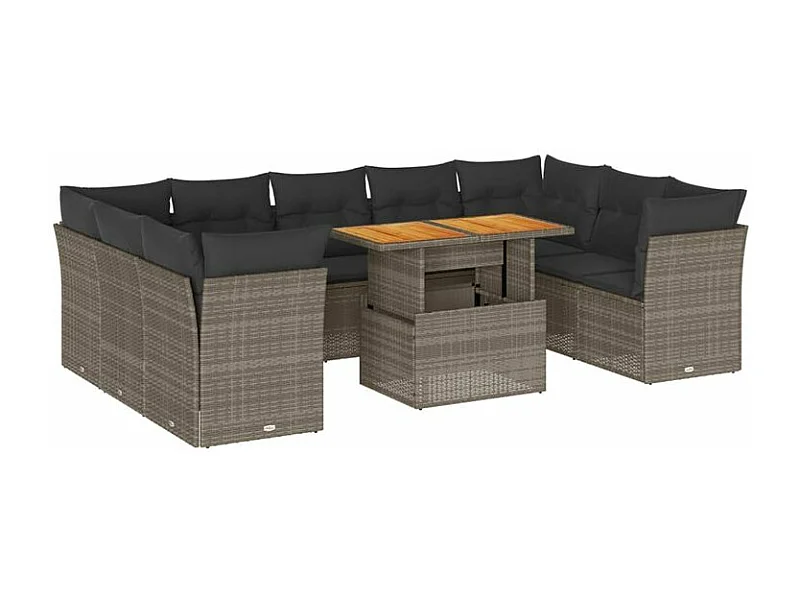Salon de jardin avec coussins 10 pcs gris résine tressée