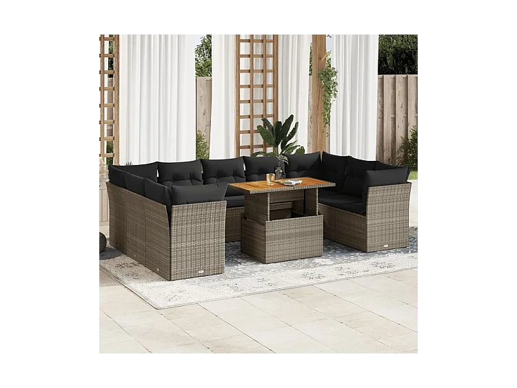 Salon de jardin avec coussins 10 pcs gris résine tressée