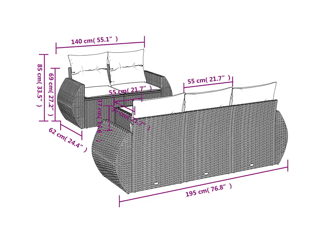 Salon de jardin 6 pcs avec coussins noir résine tressée