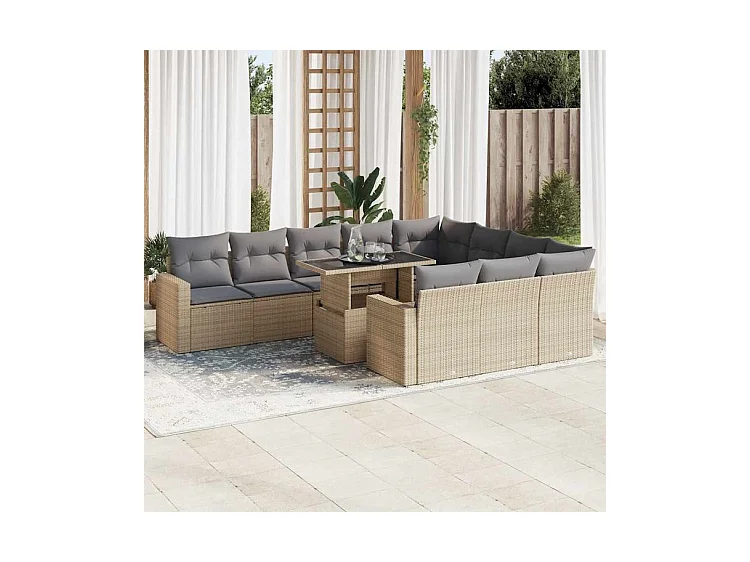 Salon de jardin 11 pcs avec coussins beige résine tressée