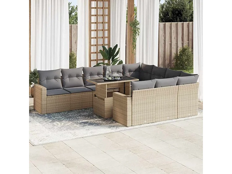 Salon de jardin 11 pcs avec coussins beige résine tressée