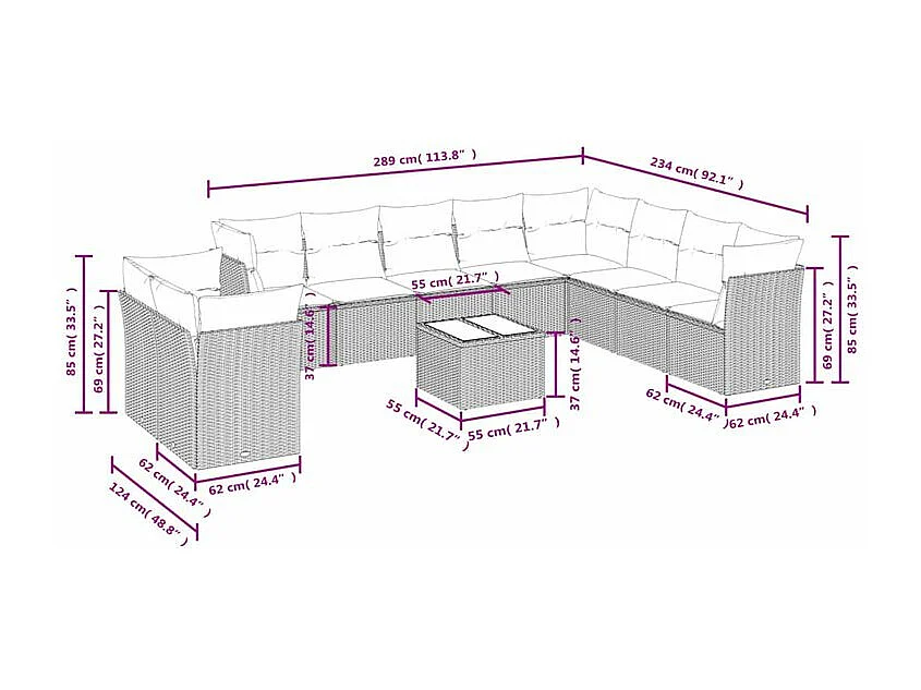 Salon de jardin et coussins 11 pcs marron résine tressée